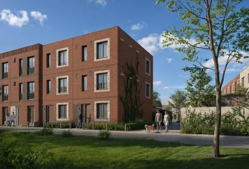 Artist impression van Westerhof 2: een hoekwoning in rode baksteen aan een wandelpad met gras en bomen