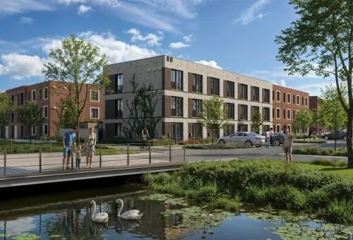Artist impression van Westerhof 2: woningen aan een sloot met een houten brug, bomen en zwanen